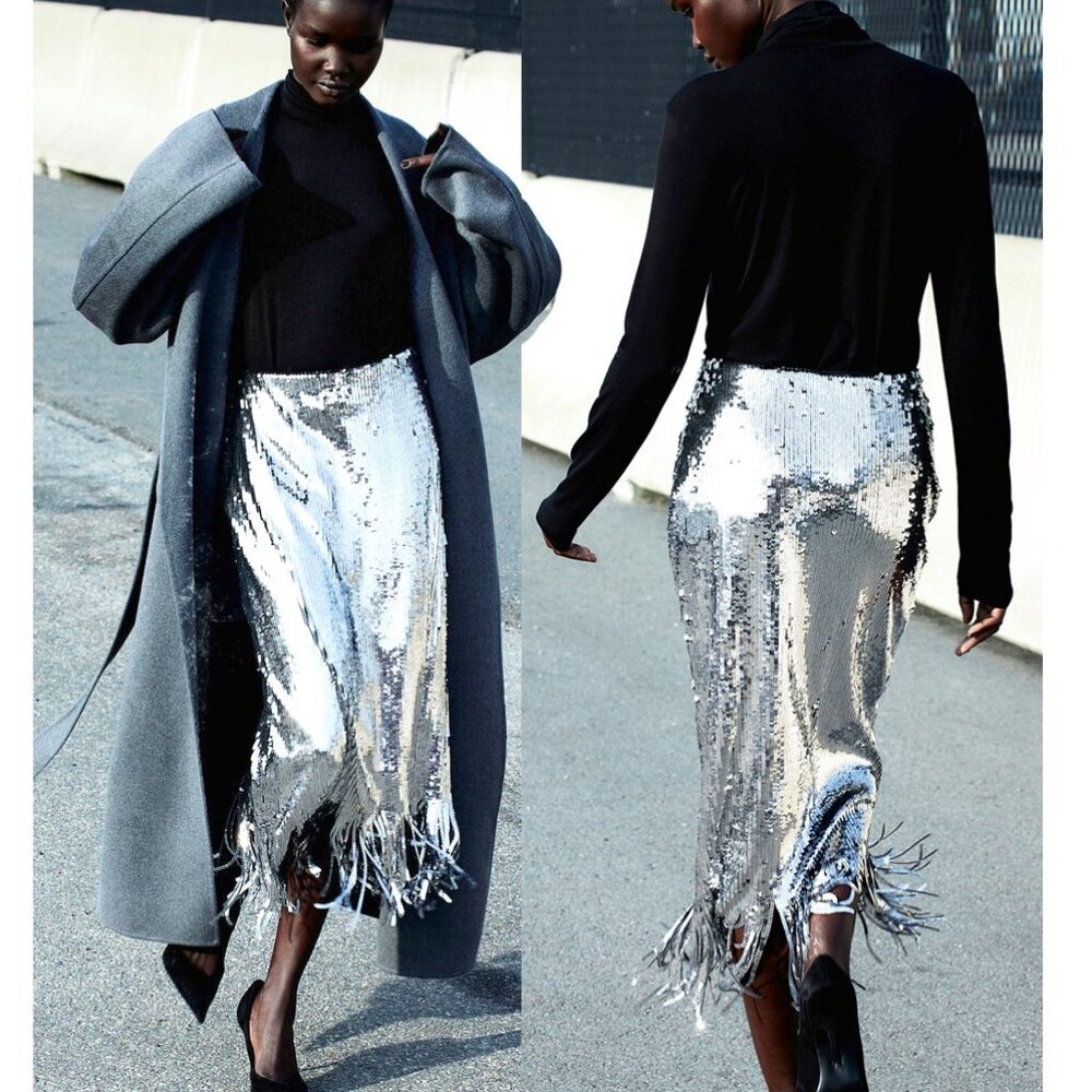 💥SHOWSTOPPER💥1920's Flapper Style Silver Sequin Fringe Pencil Midi Skirt